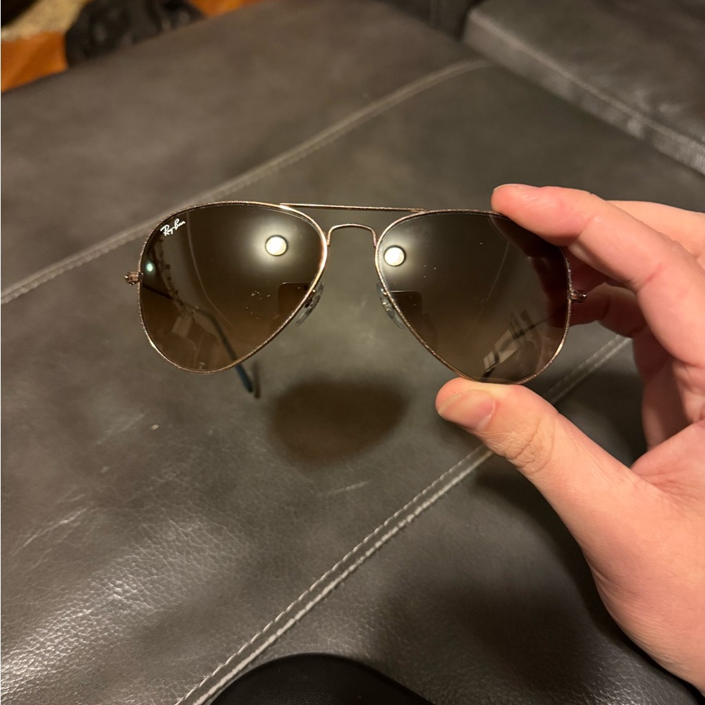 Ray-Ban Aviator Sunglasses, Rose Gold Metal, Blue Ear Tip, Brown Gradient Lenses
